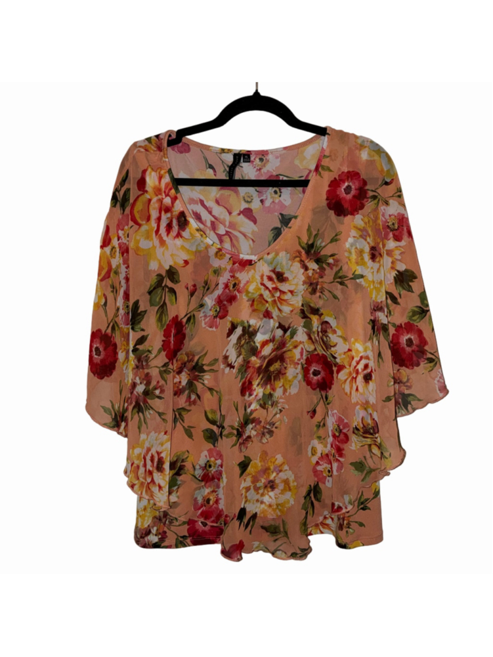 Women's Zero 2 Eight Floral Blouse XL Peach Red V-Neck Short Drape Sleeve